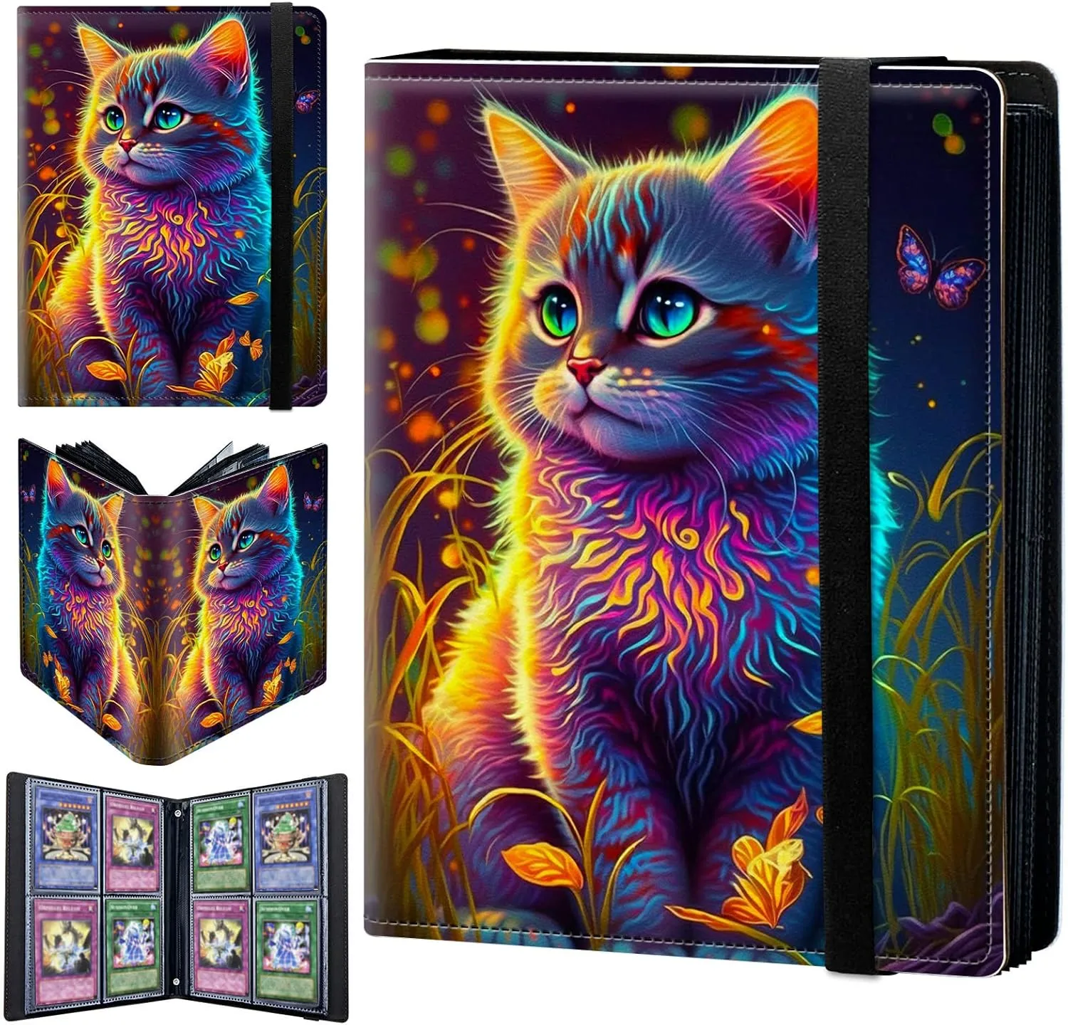 Card Binder 4 Pocket Trading Card Album Folder 400 Side Loading Pocket Binder Baseball Card Binder with Watercolor Cat Pattern Design Card Binder for Game Cards & Sports Cards