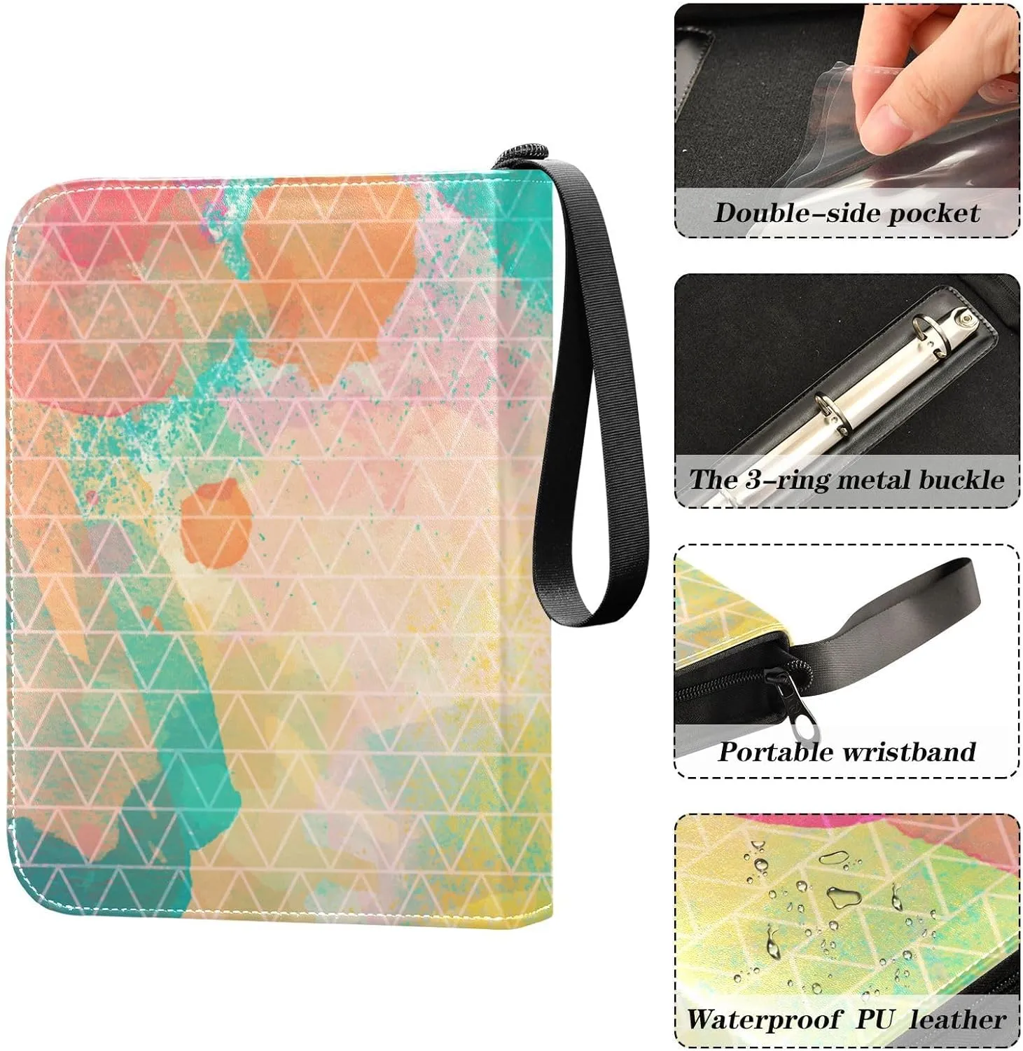 Card Binder 4 Pocket Trading Card Binder Holds 400 Cards with 50 Removable Sleeves for Boys Girls Game Cards Sports Cards Colorful Triangle Textures