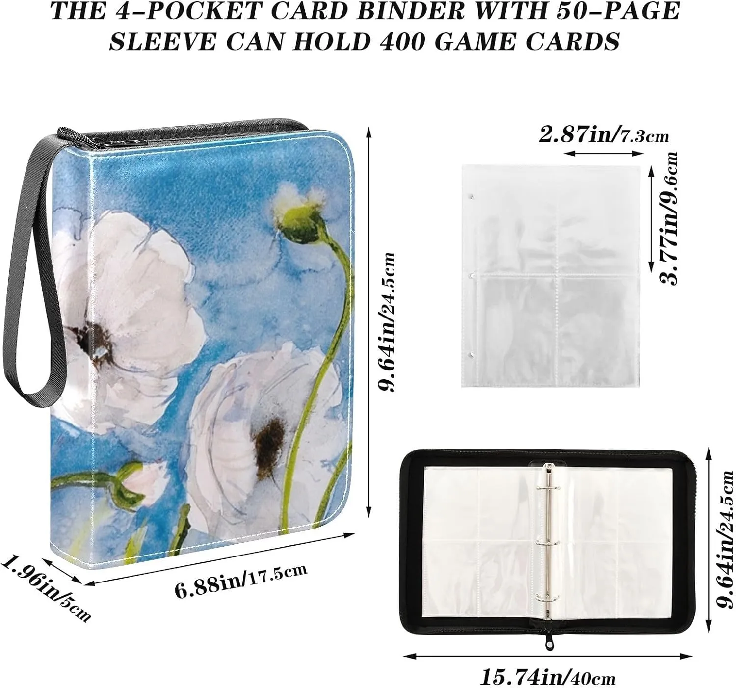 Card Binder 4 Pocket Trading Card Binder Holds 400 Cards with 50 Removable Sleeves for Boys Girls Game Cards Sports Cards Flower Blue Oil Painting