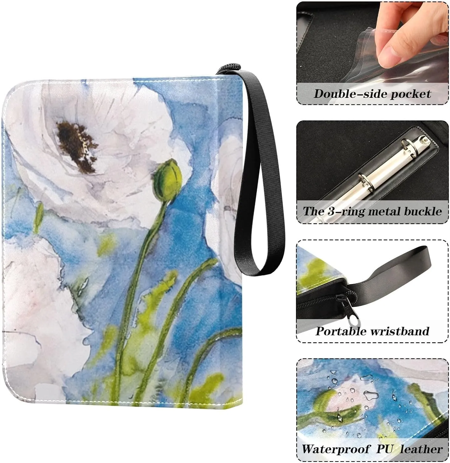 Card Binder 4 Pocket Trading Card Binder Holds 400 Cards with 50 Removable Sleeves for Boys Girls Game Cards Sports Cards Flower Blue Oil Painting