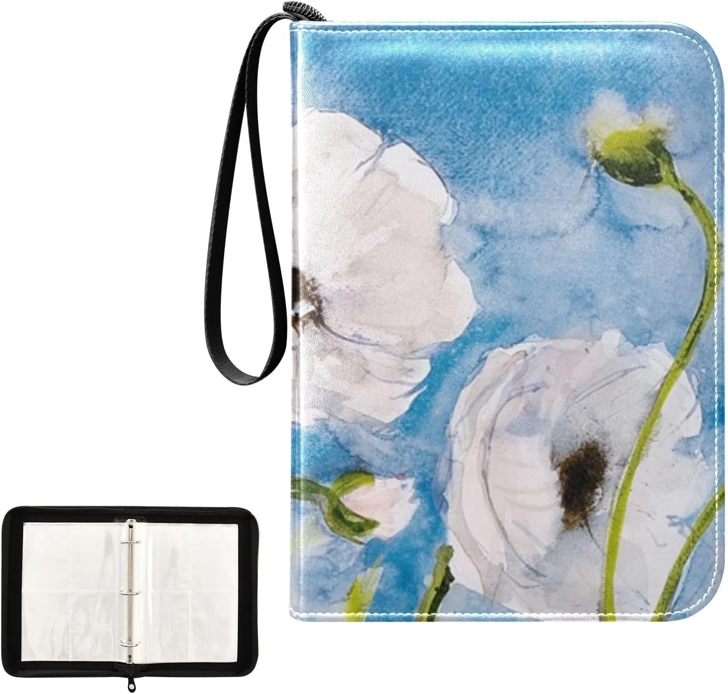 Card Binder 4 Pocket Trading Card Binder Holds 400 Cards with 50 Removable Sleeves for Boys Girls Game Cards Sports Cards Flower Blue Oil Painting