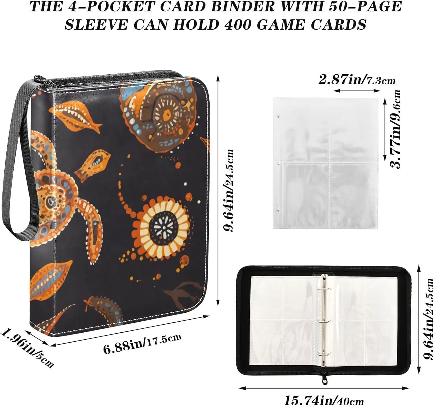 Card Binder 4 Pocket Trading Card Binder Holds 400 Cards with 50 Removable Sleeves for Boys Girls Game Cards Sports Cards Sea Turtles Dot Painting