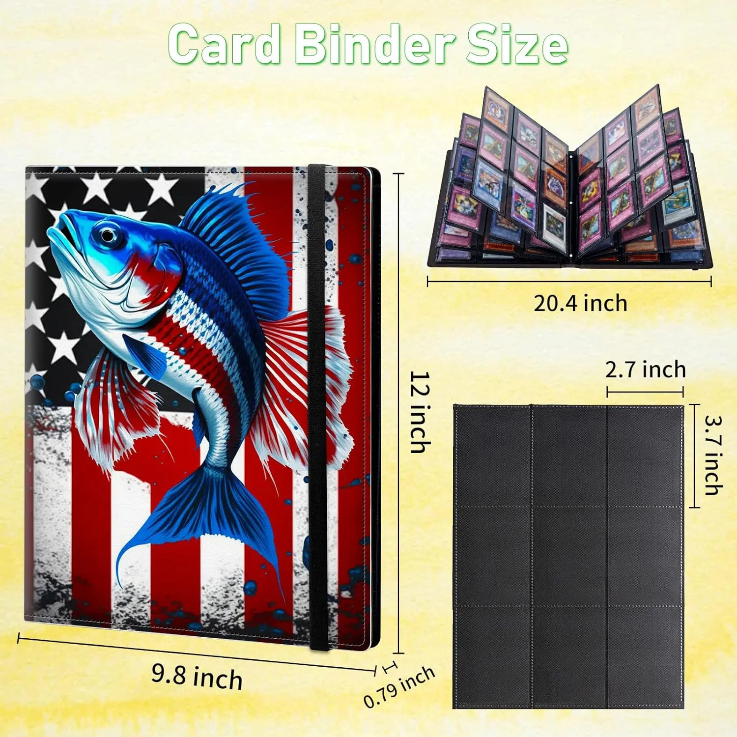 Card Binder 9 Pocket Trading Card Album Folder 900 Side Loading Pocket Binder Baseball Card Binder with American Flag & fish Pattern Design Card Binder for Game Cards & Sports Cards