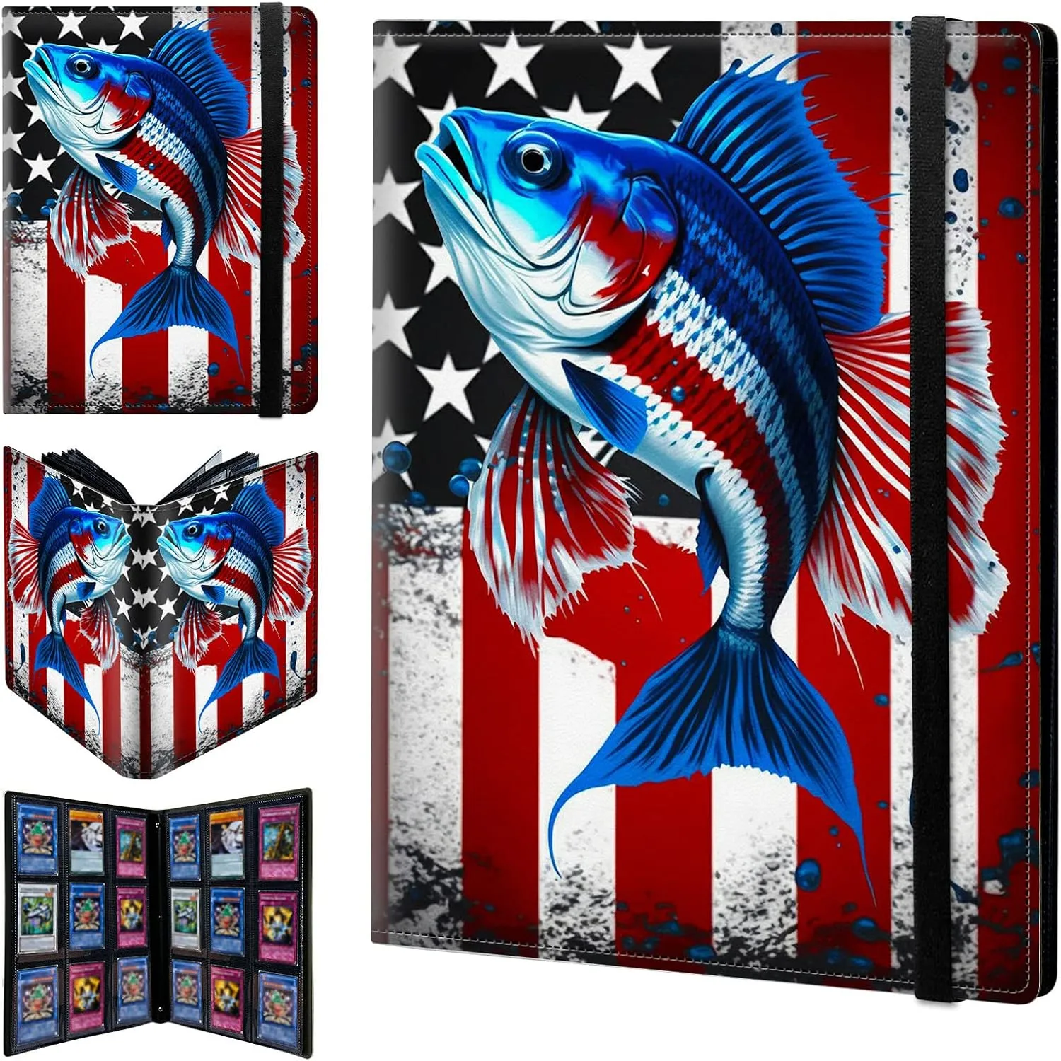 Card Binder 9 Pocket Trading Card Album Folder 900 Side Loading Pocket Binder Baseball Card Binder with American Flag & fish Pattern Design Card Binder for Game Cards & Sports Cards