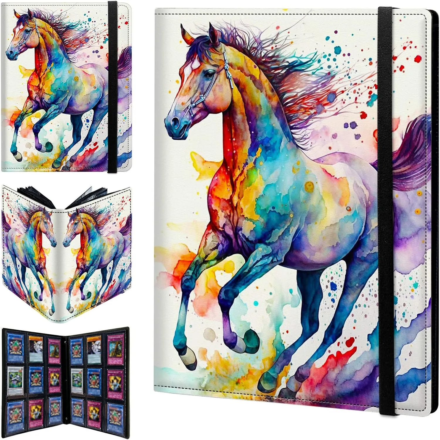 Card Binder 9 Pocket Trading Card Album Folder 900 Side Loading Pocket Binder Baseball Card Binder with Colorful Horse Pattern Design Card Binder for Game Cards & Sports Cards