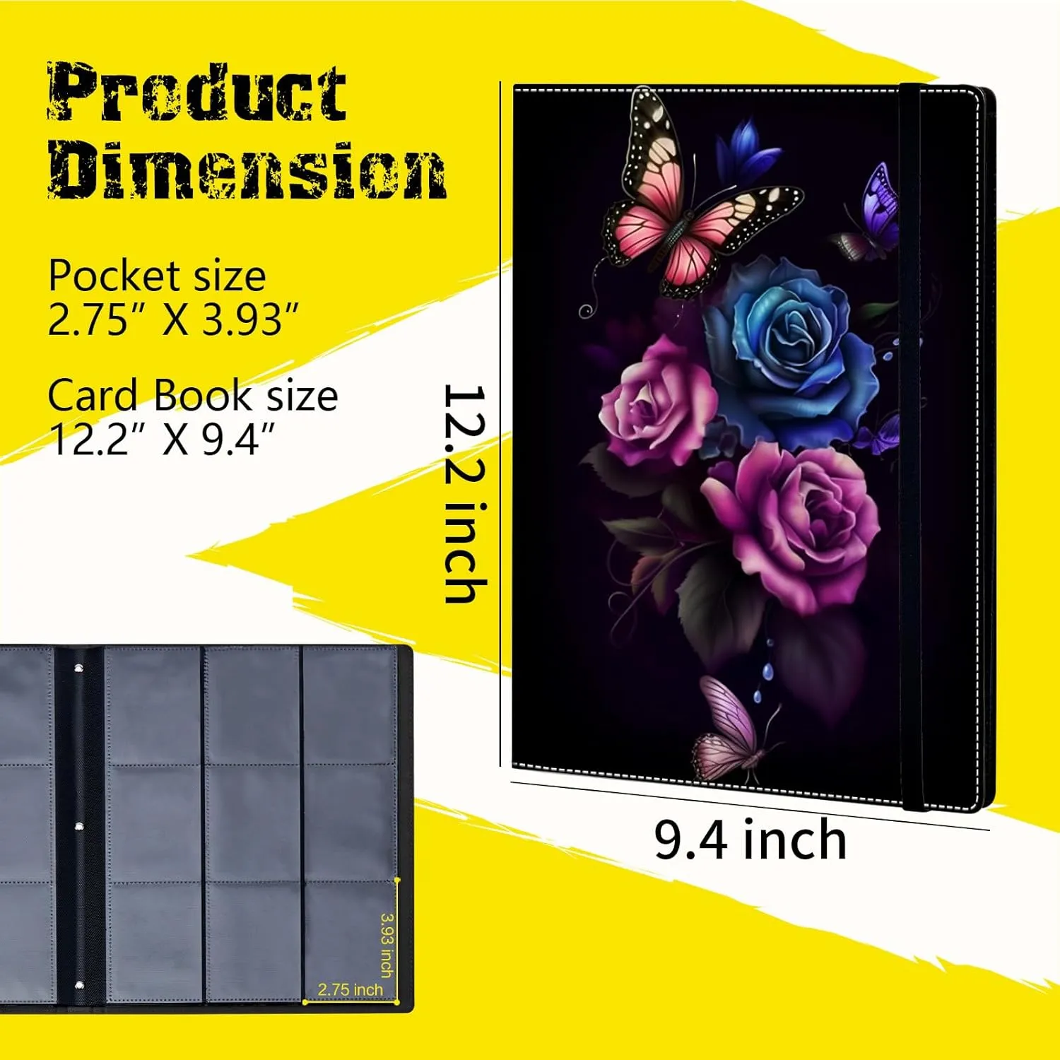 Card Binder - 9 Pocket Trading Card Album Folder,Leather 360 Side Loading Pocket Card Collection Binder for MTG,TCG,Sport Baseball,Butterfly Rose Flowers