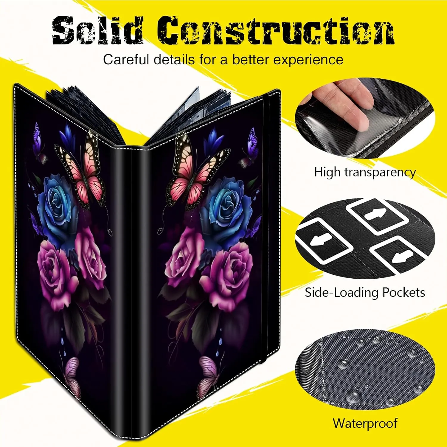 Card Binder - 9 Pocket Trading Card Album Folder,Leather 360 Side Loading Pocket Card Collection Binder for MTG,TCG,Sport Baseball,Butterfly Rose Flowers