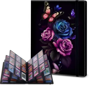 Card Binder - 9 Pocket Trading Card Album Folder,Leather 360 Side Loading Pocket Card Collection Binder for MTG,TCG,Sport Baseball,Butterfly Rose Flowers