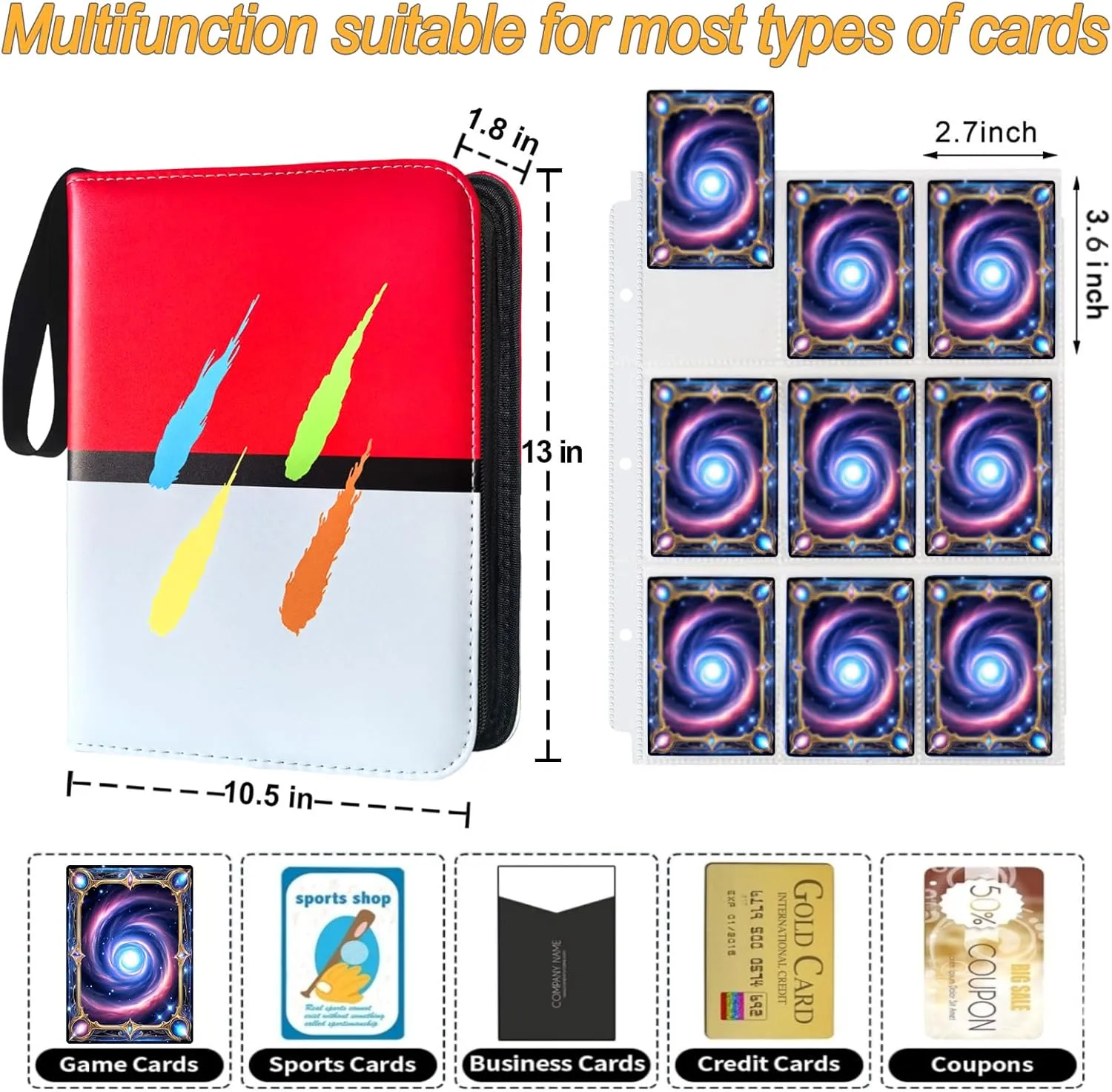 Card Binder 9 Pockets,900 Pockets Trading Card Holder with 50 Removable Double Sided Sleeves,Top Loader Pages Card Collector Zipper Album,Red-White