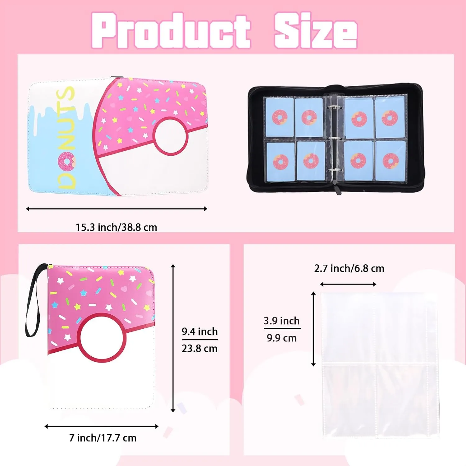 Card Binder Donuts Card Holder Album Trading Cards Holder Zipper Binder for Collection (Pink Donut, 400 Pocket)