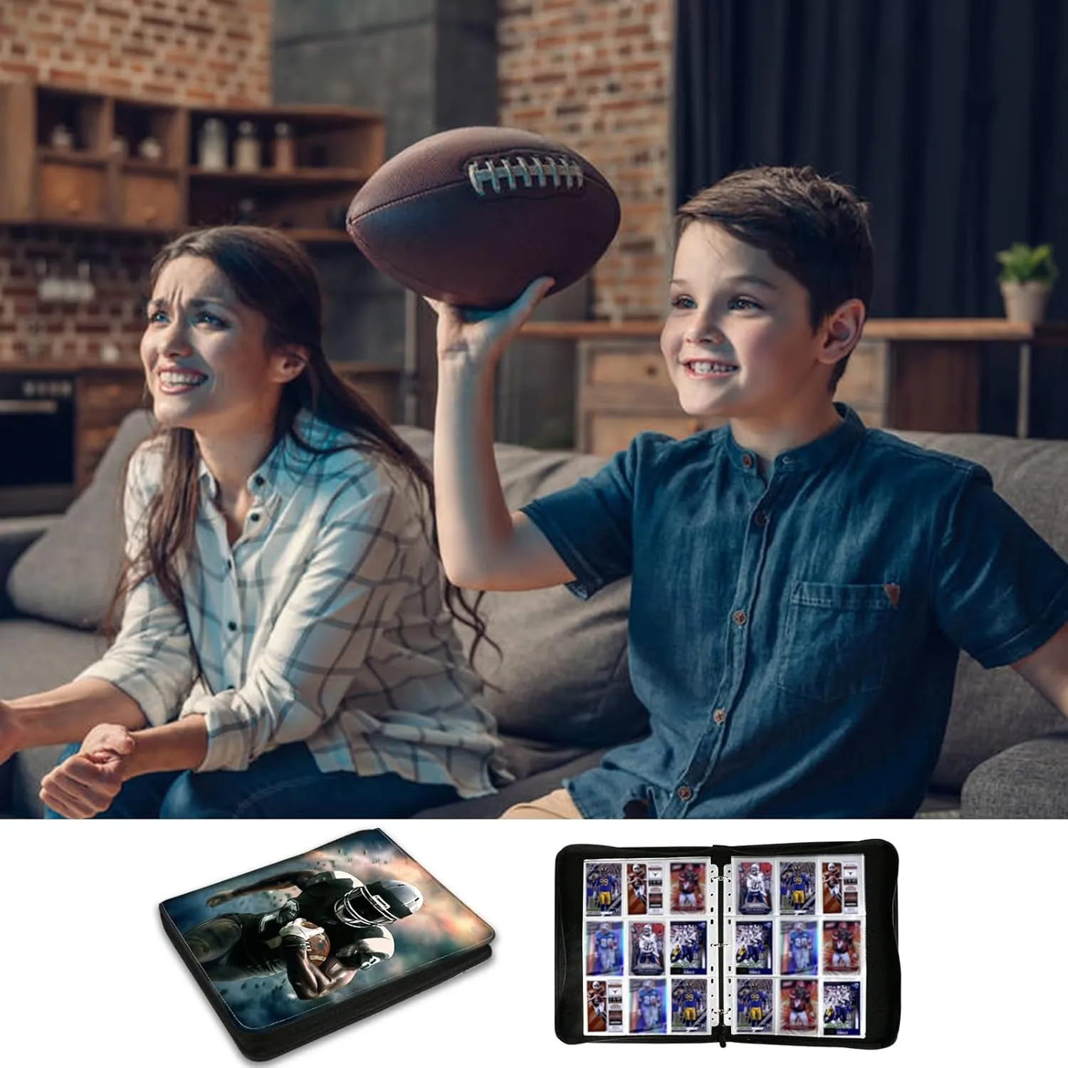 Card Binder Fits 900 Cards With 50 Removable Sleeves, Trading Card Albums for Sports, Basketball, Baseball, Football (Football-R-L)