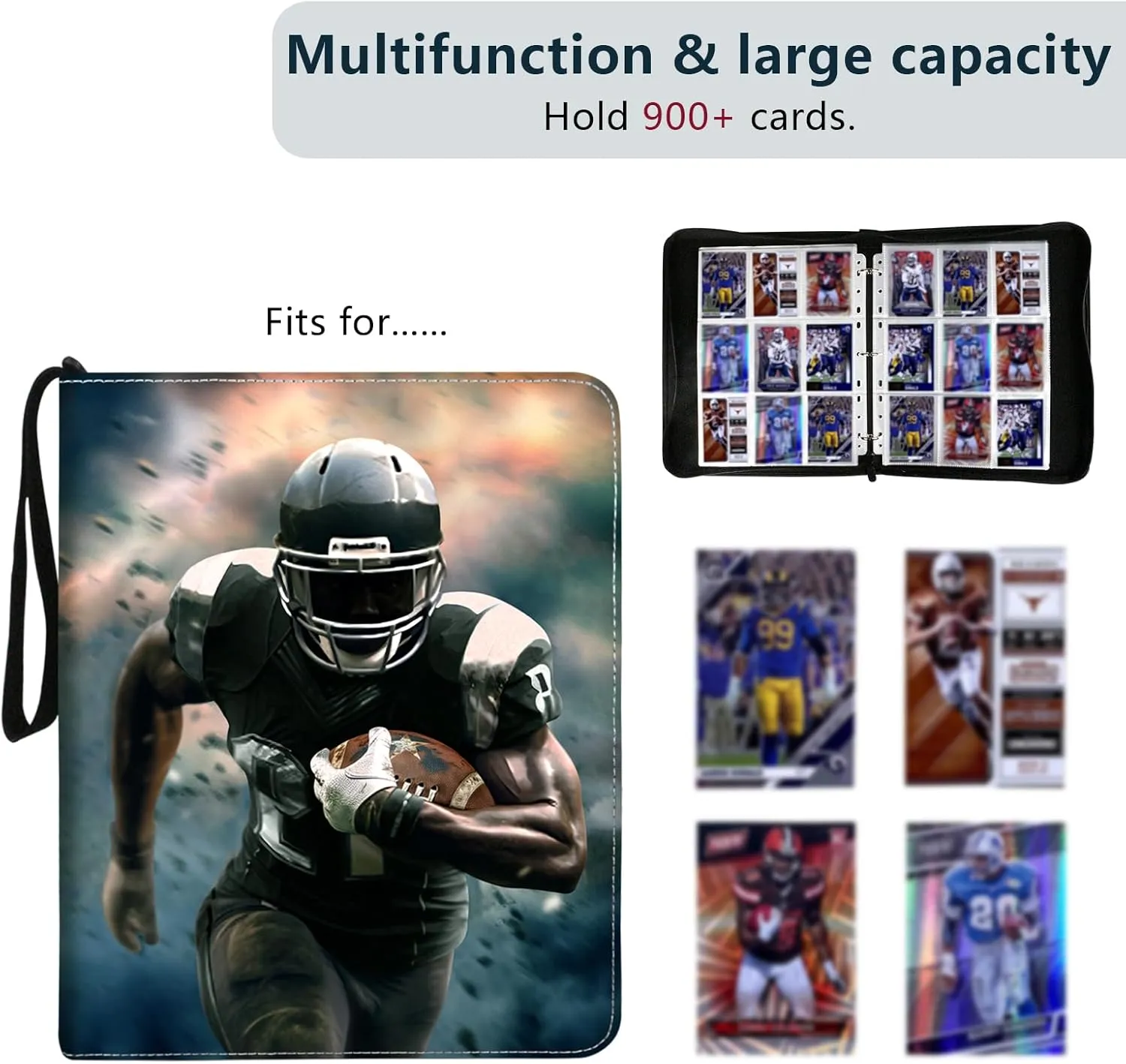 Card Binder Fits 900 Cards With 50 Removable Sleeves, Trading Card Albums for Sports, Basketball, Baseball, Football (Football-R-L)