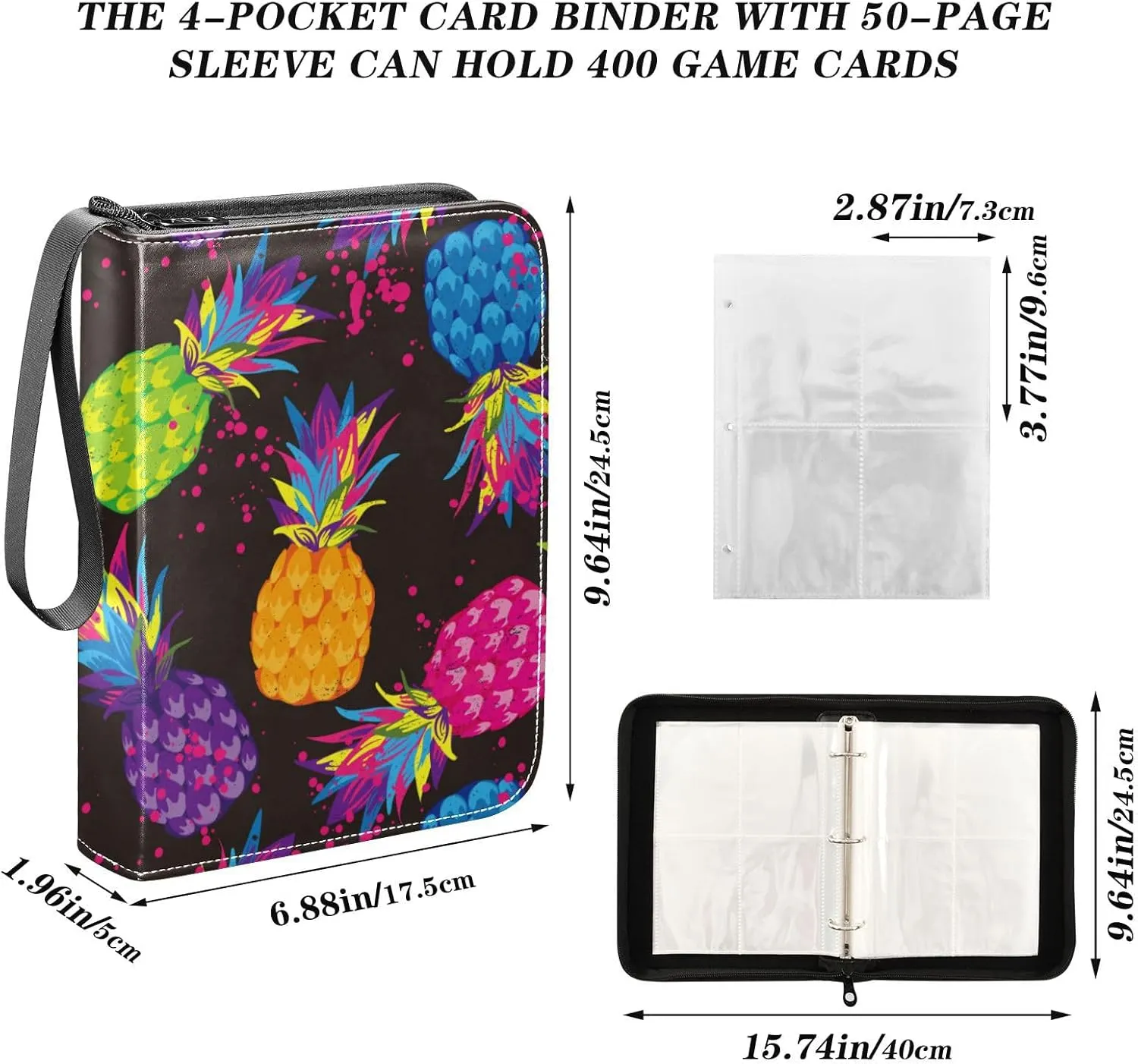 Card Binder Sports Card Binder Trading Card binder 4 Card Binder for Game Cards Sports Cards Photos Colorful Pineapple Black