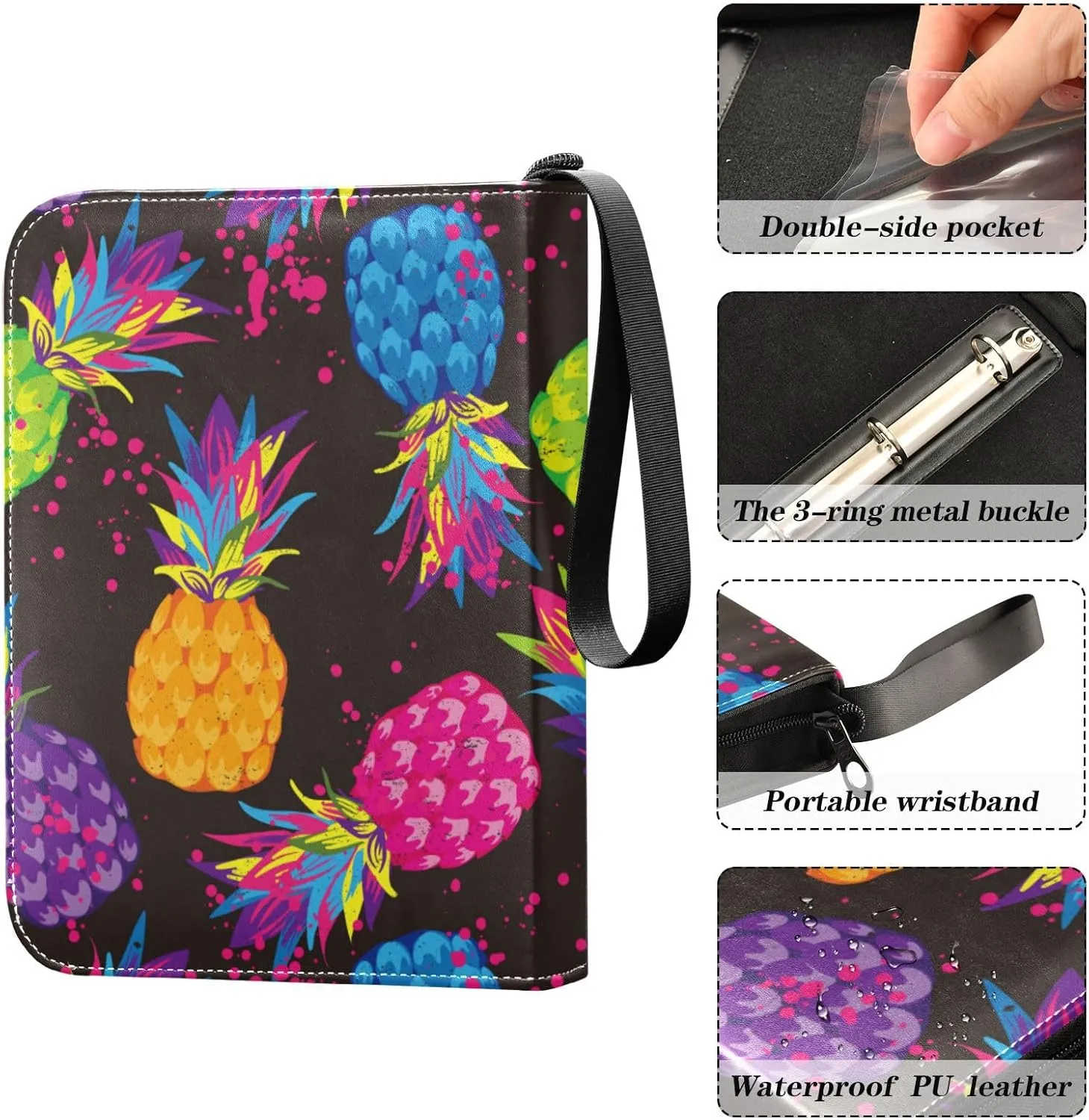 Card Binder Sports Card Binder Trading Card binder 4 Card Binder for Game Cards Sports Cards Photos Colorful Pineapple Black