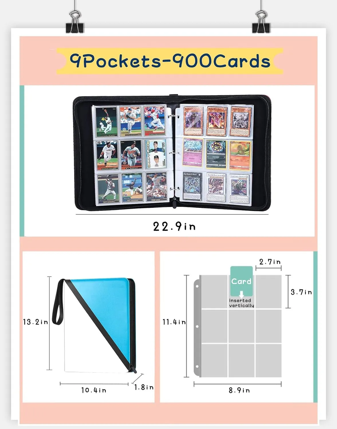 Card Binder with 9 Pockets - Holds Up to 900 Cards, Trading Card Collection Case Book (Blue, 9 Pockets/900 Cards)