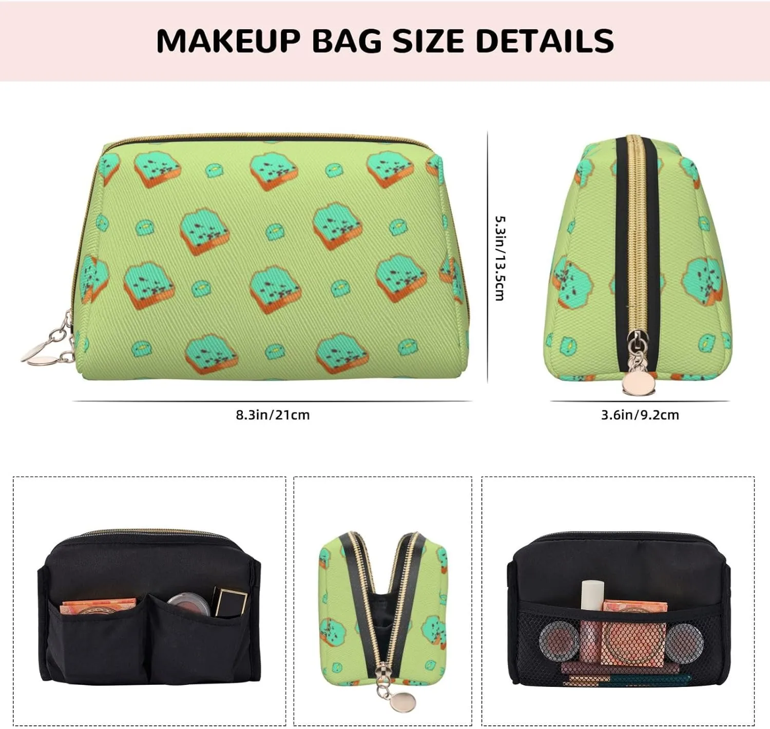 Cartoon Bread Slicesmakeup Bag Organizer,Toiletry Cosmetic Bag,Zipper Pouch Brushes Storage Case(Large)