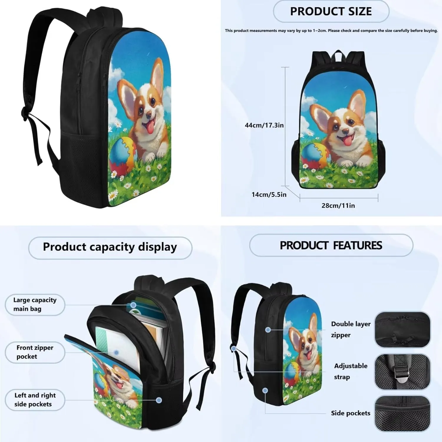 Cartoon Corgi Print Girls Bookbag With Lunch Box 5th Grade Shoulder Bag for School Removable Strap Hand Carry Lunch Box Backpack Pencil Pouch for Junior Middle School