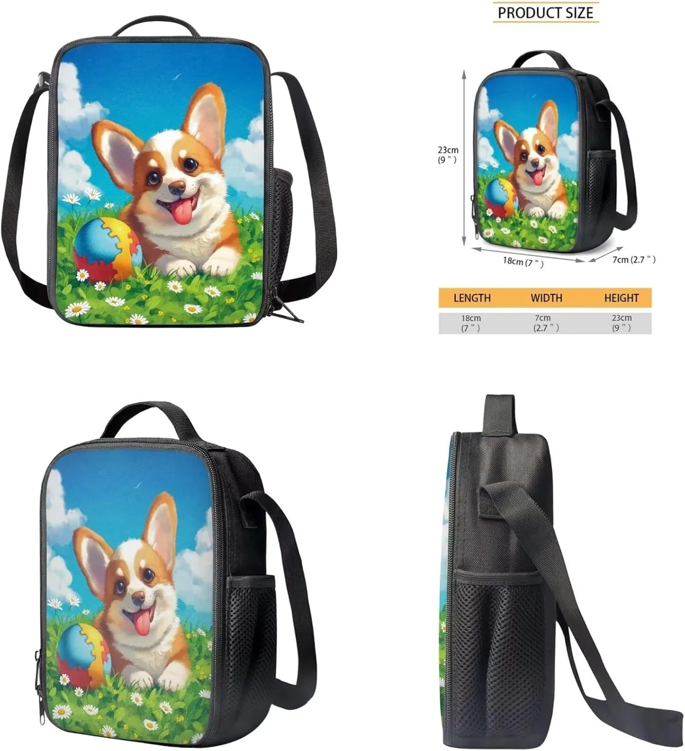 Cartoon Corgi Print Girls Bookbag With Lunch Box 5th Grade Shoulder Bag for School Removable Strap Hand Carry Lunch Box Backpack Pencil Pouch for Junior Middle School