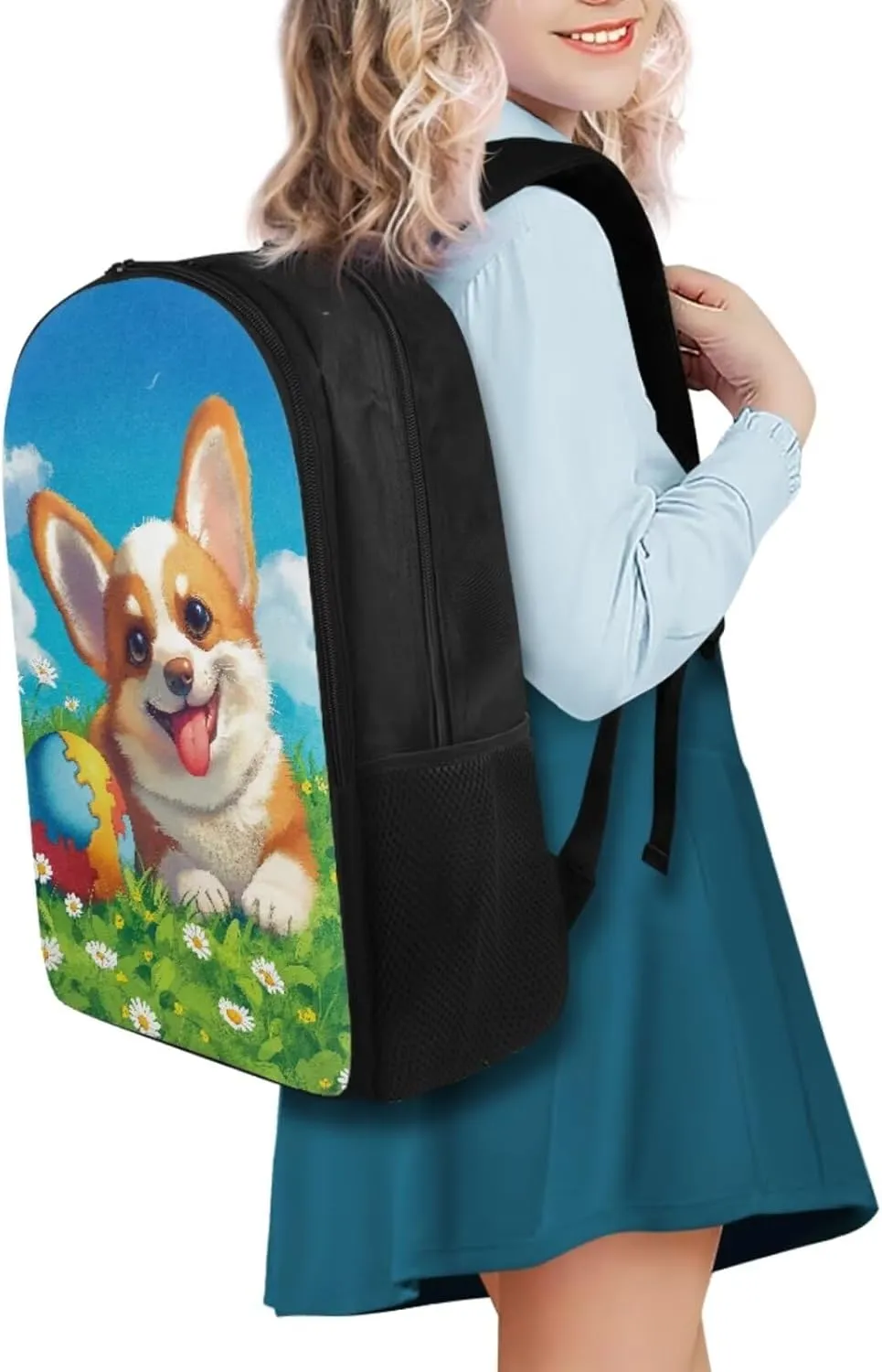 Cartoon Corgi Print Girls Bookbag With Lunch Box 5th Grade Shoulder Bag for School Removable Strap Hand Carry Lunch Box Backpack Pencil Pouch for Junior Middle School