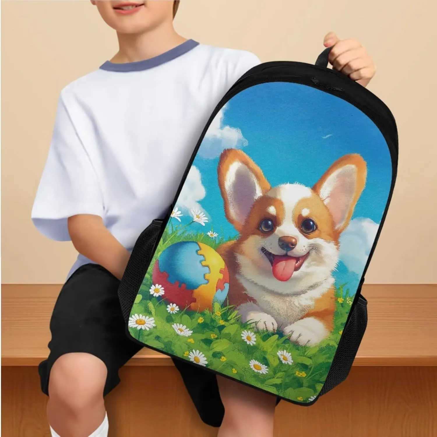 Cartoon Corgi Print Girls Bookbag With Lunch Box 5th Grade Shoulder Bag for School Removable Strap Hand Carry Lunch Box Backpack Pencil Pouch for Junior Middle School