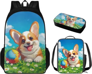 Cartoon Corgi Print Girls Bookbag With Lunch Box 5th Grade Shoulder Bag for School Removable Strap Hand Carry Lunch Box Backpack Pencil Pouch for Junior Middle School