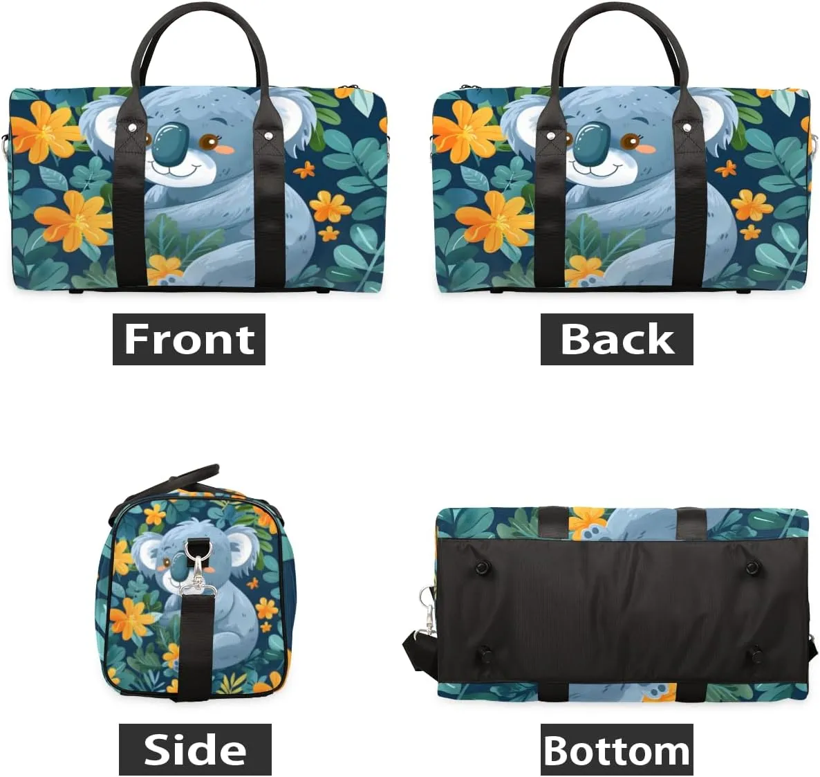 Cartoon Koala Travel Duffle Bag for Women Men Gym Duffel Foldable Bag Waterproof Weekender Floral Leaves Duffle Tote