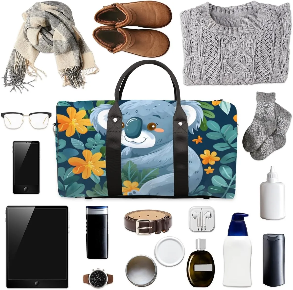 Cartoon Koala Travel Duffle Bag for Women Men Gym Duffel Foldable Bag Waterproof Weekender Floral Leaves Duffle Tote