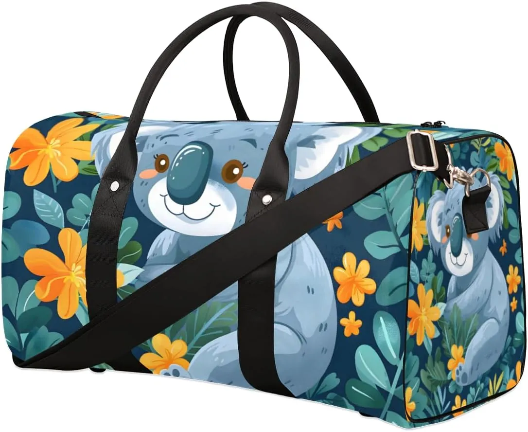 Cartoon Koala Travel Duffle Bag for Women Men Gym Duffel Foldable Bag Waterproof Weekender Floral Leaves Duffle Tote