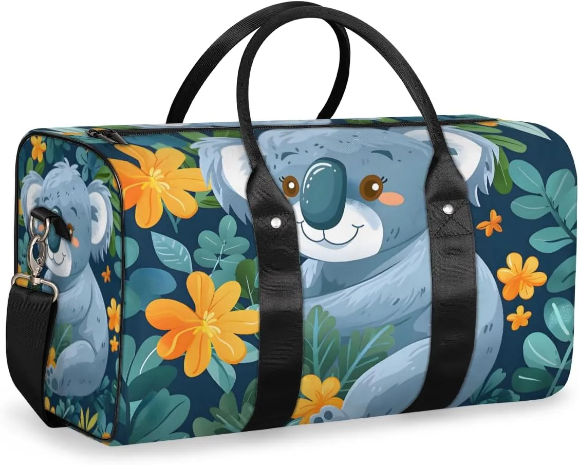 Cartoon Koala Travel Duffle Bag for Women Men Gym Duffel Foldable Bag Waterproof Weekender Floral Leaves Duffle Tote