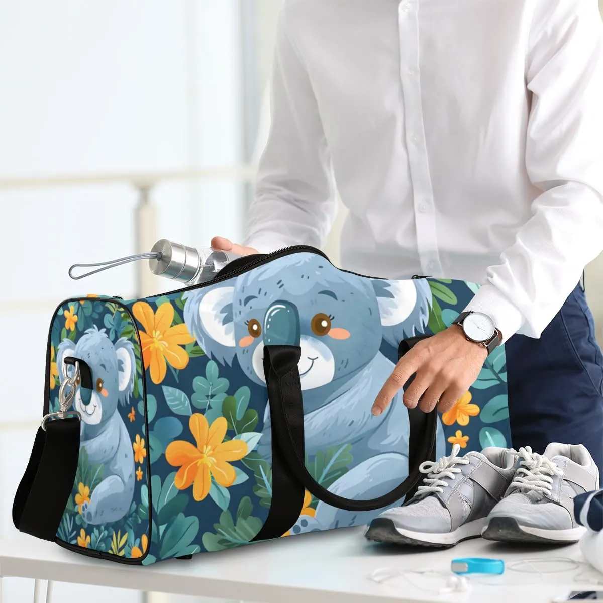 Cartoon Koala Travel Duffle Bag for Women Men Gym Duffel Foldable Bag Waterproof Weekender Floral Leaves Duffle Tote