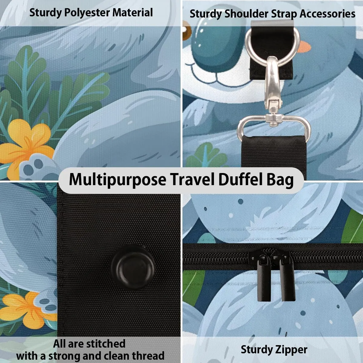 Cartoon Koala Travel Duffle Bag for Women Men Gym Duffel Foldable Bag Waterproof Weekender Floral Leaves Duffle Tote
