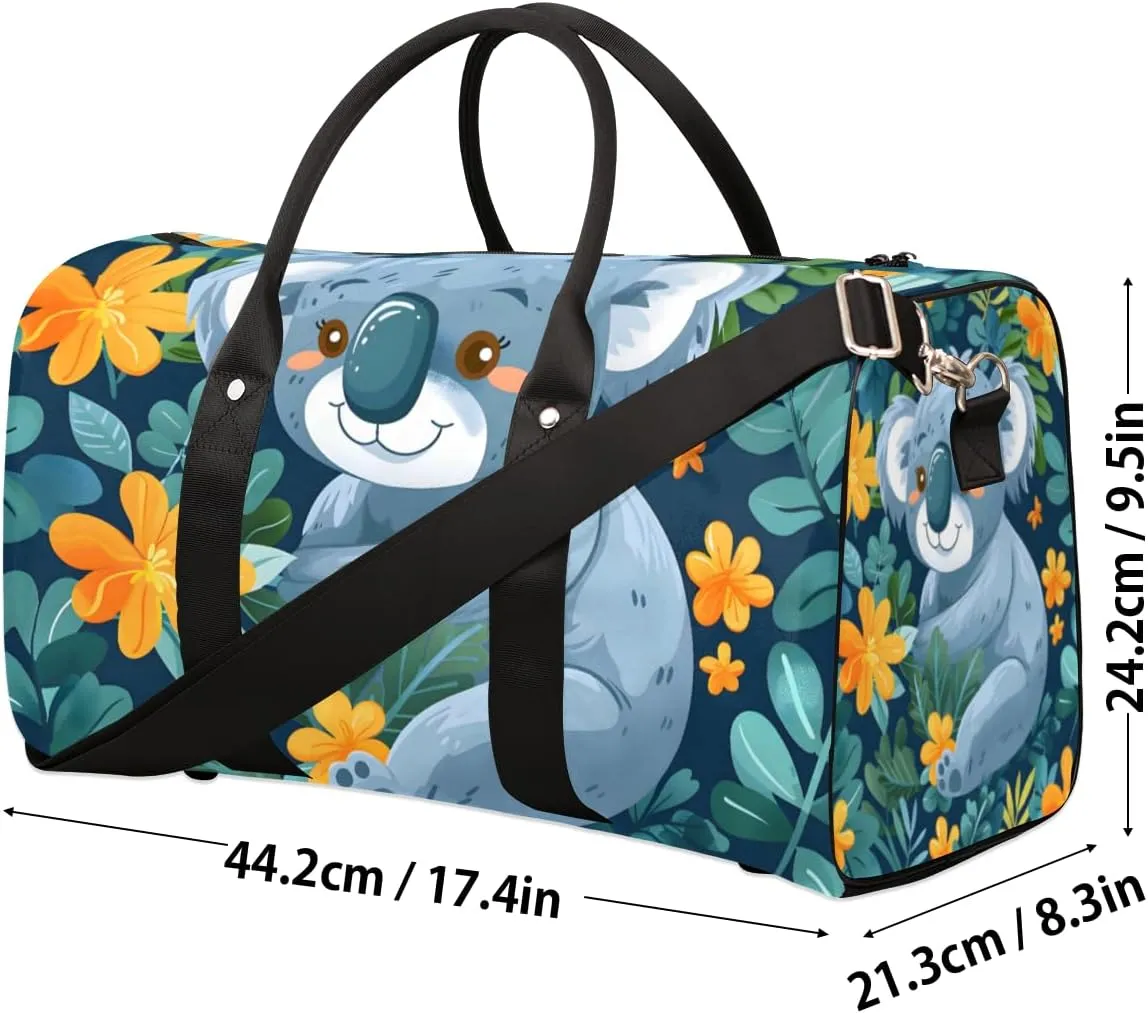 Cartoon Koala Travel Duffle Bag for Women Men Gym Duffel Foldable Bag Waterproof Weekender Floral Leaves Duffle Tote