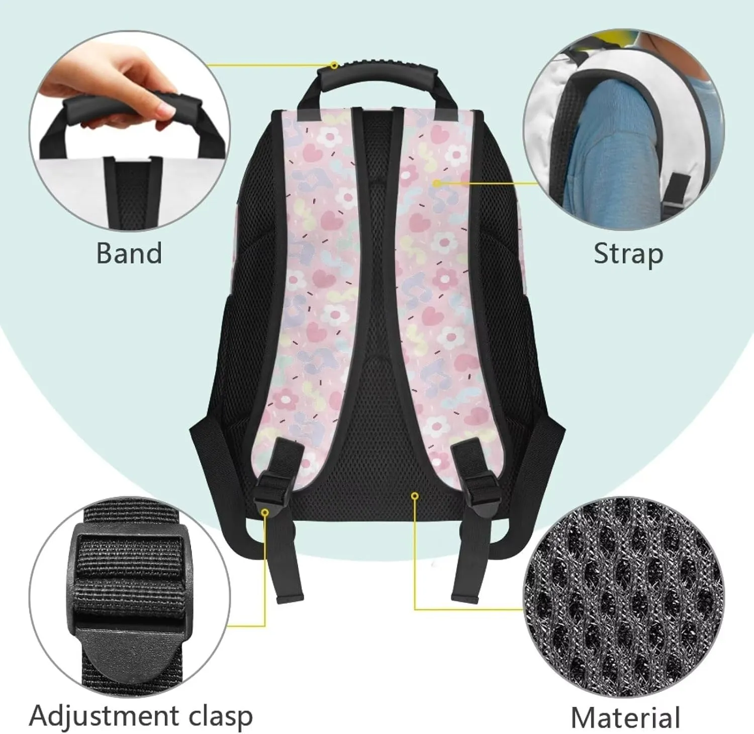 Cartoon Music Note Print Durable Fully Printed School Backpack - Waterproof Bagpack with Two Side Mesh Pockets & Comfortable Shoulder Straps for High School College (17.3x12.2x5.9in)