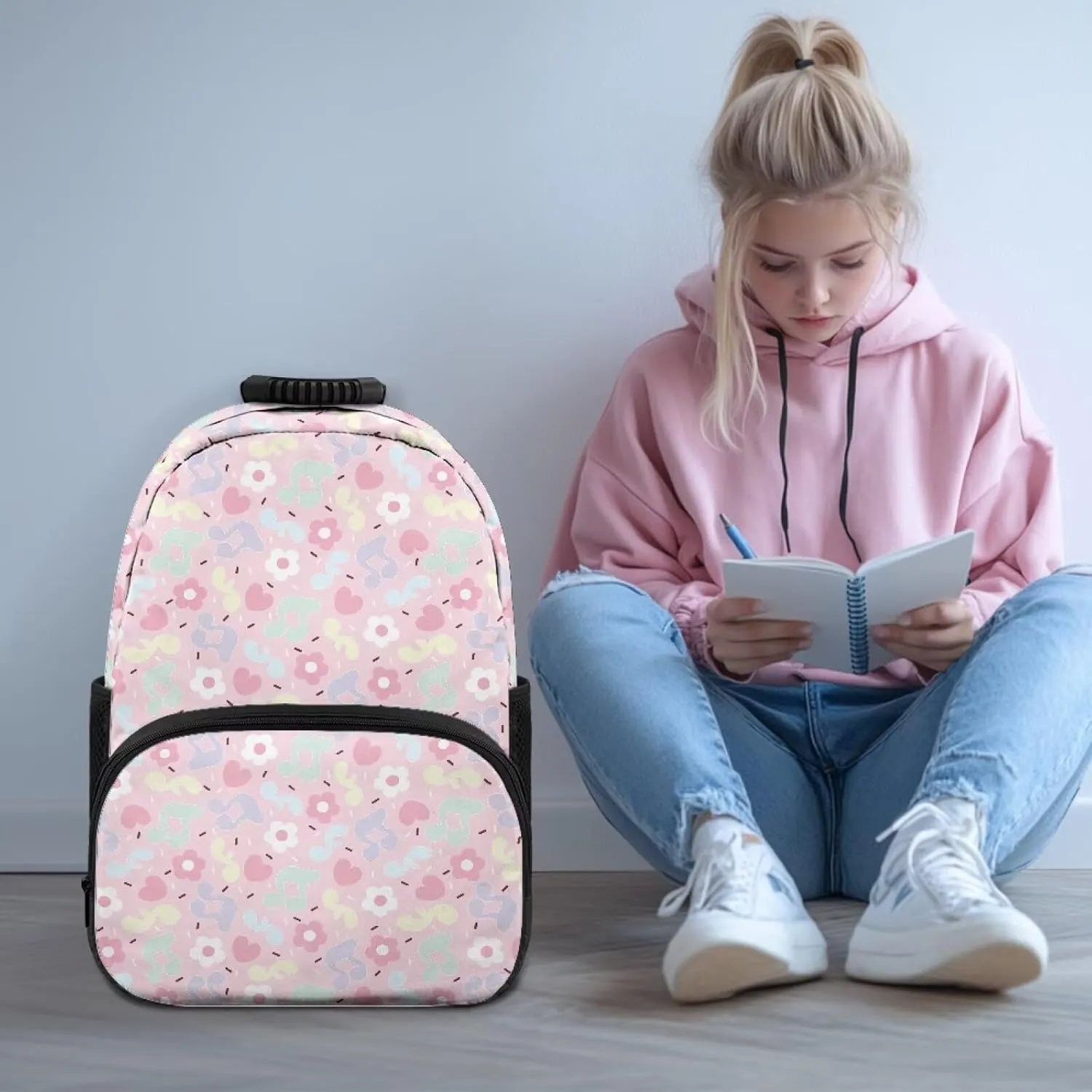 Cartoon Music Note Print Durable Fully Printed School Backpack - Waterproof Bagpack with Two Side Mesh Pockets & Comfortable Shoulder Straps for High School College (17.3x12.2x5.9in)