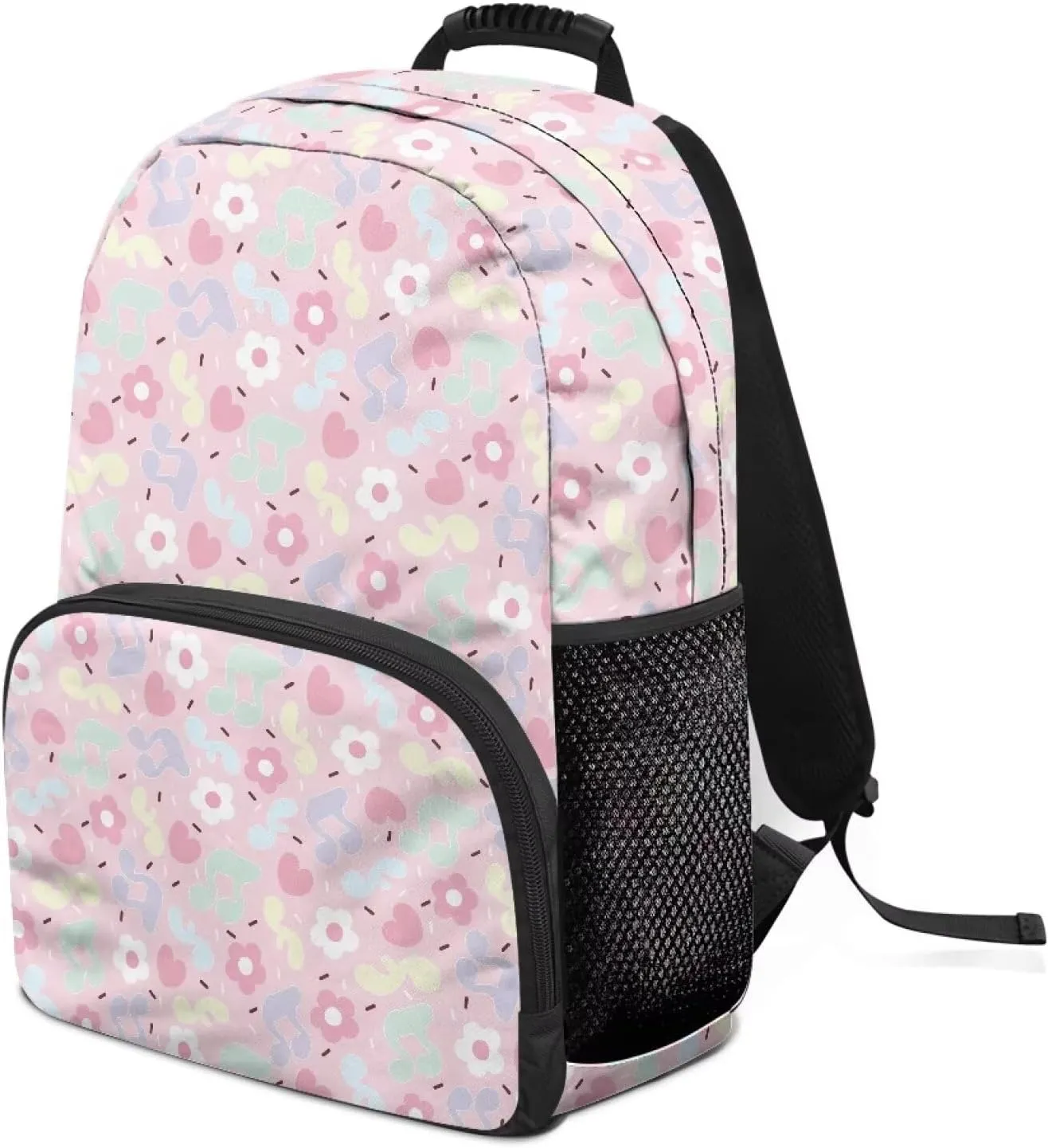 Cartoon Music Note Print Durable Fully Printed School Backpack - Waterproof Bagpack with Two Side Mesh Pockets & Comfortable Shoulder Straps for High School College (17.3x12.2x5.9in)