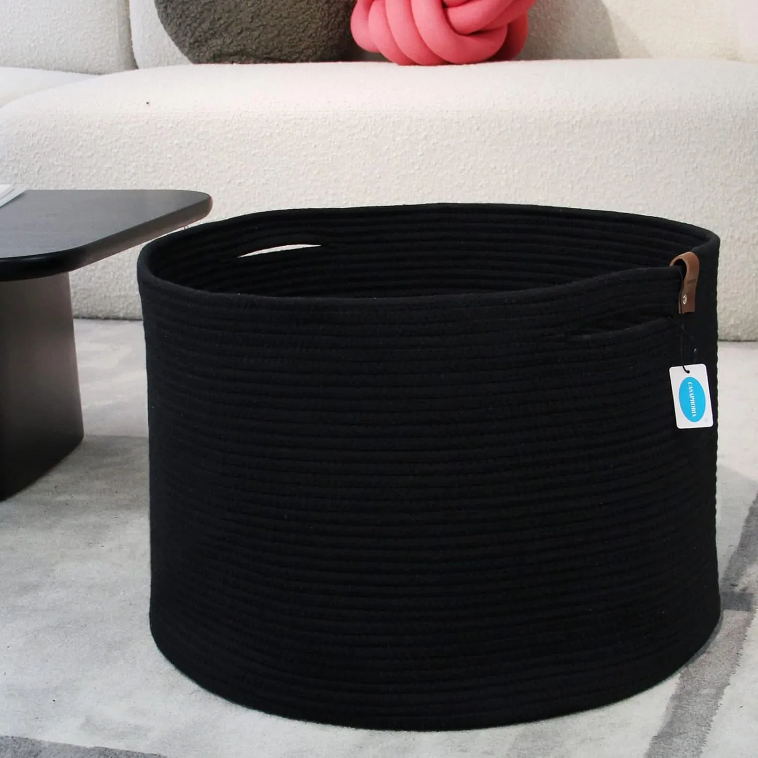 Casaphoria XXXLarge Cotton Rope Basket for Living Room - Woven Storage Basket with Handle for Blankets, Towels and Pillows Laundry Hamper | Dark Black (21" x 21" x 13.8")