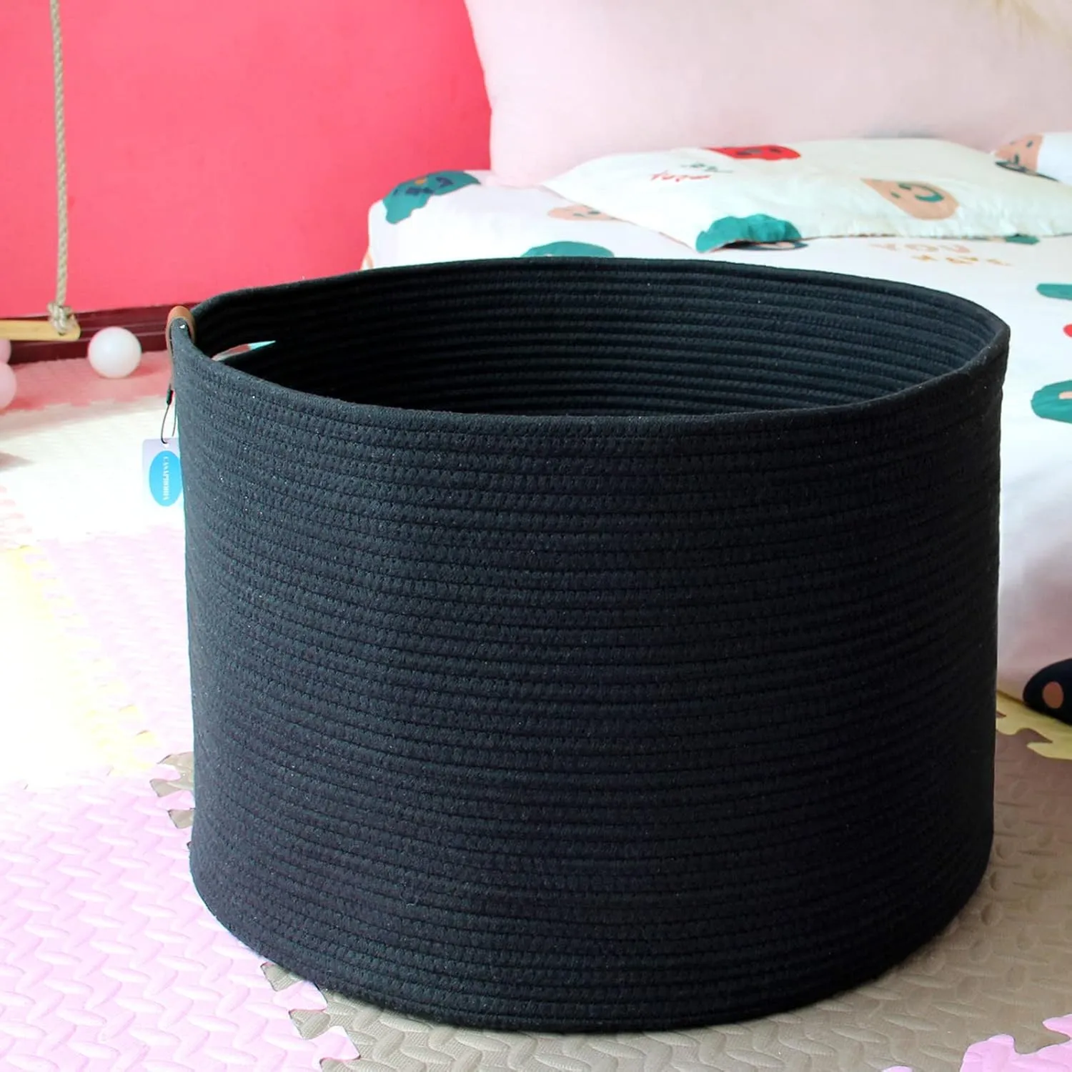 Casaphoria XXXLarge Cotton Rope Basket for Living Room - Woven Storage Basket with Handle for Blankets, Towels and Pillows Laundry Hamper | Dark Black (21" x 21" x 13.8")