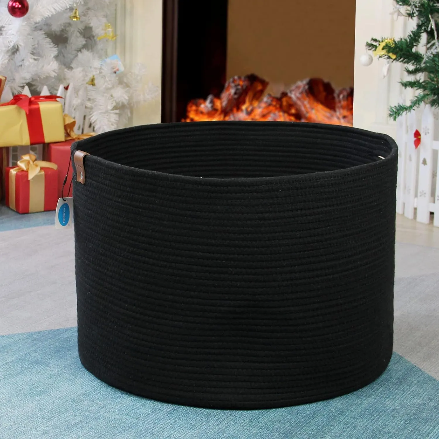 Casaphoria XXXLarge Cotton Rope Basket for Living Room - Woven Storage Basket with Handle for Blankets, Towels and Pillows Laundry Hamper | Dark Black (21" x 21" x 13.8")