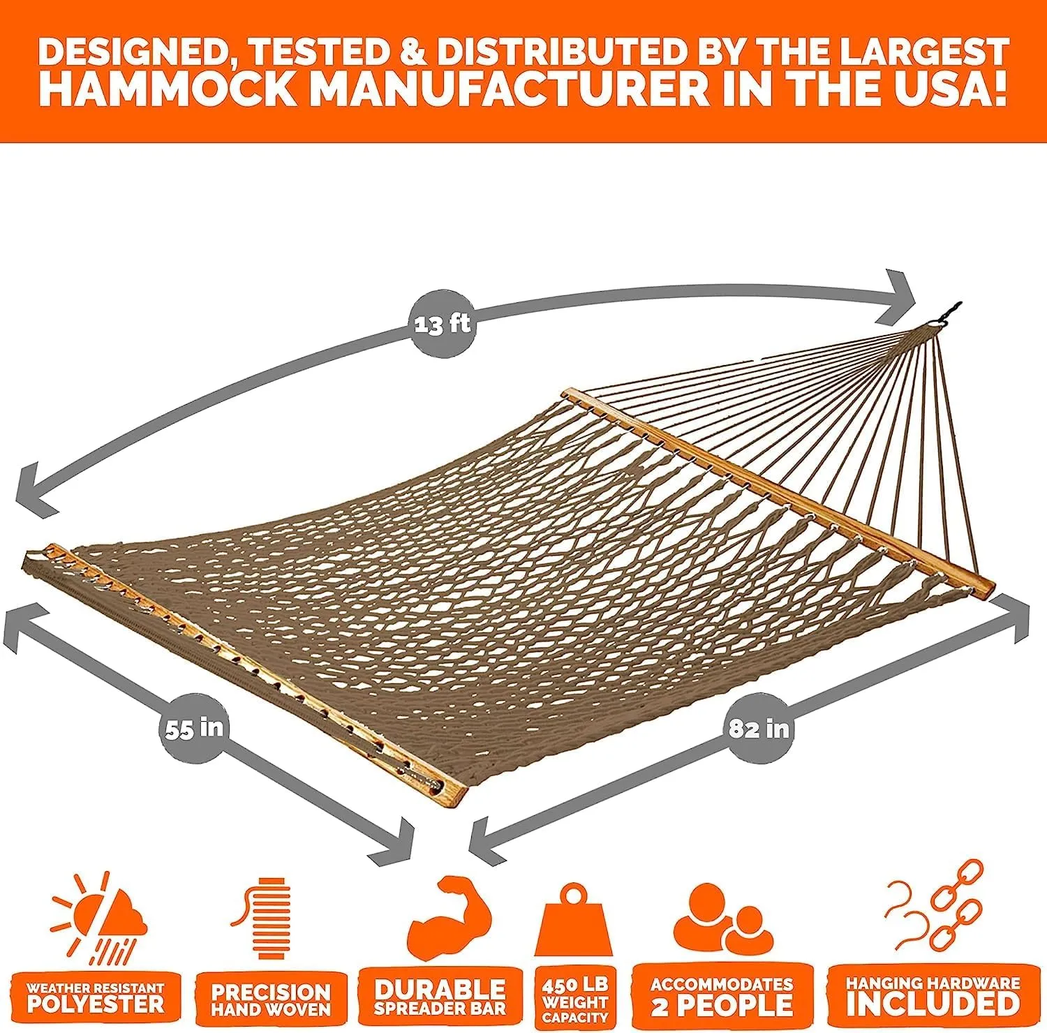 Castaway Living 13 ft. Double Traditional Hand Woven Antique Brown Polyester Rope Hammock with Free Extension Chains, and Tree Hooks, for 2 People with a Weight Capacity of 450 lbs.