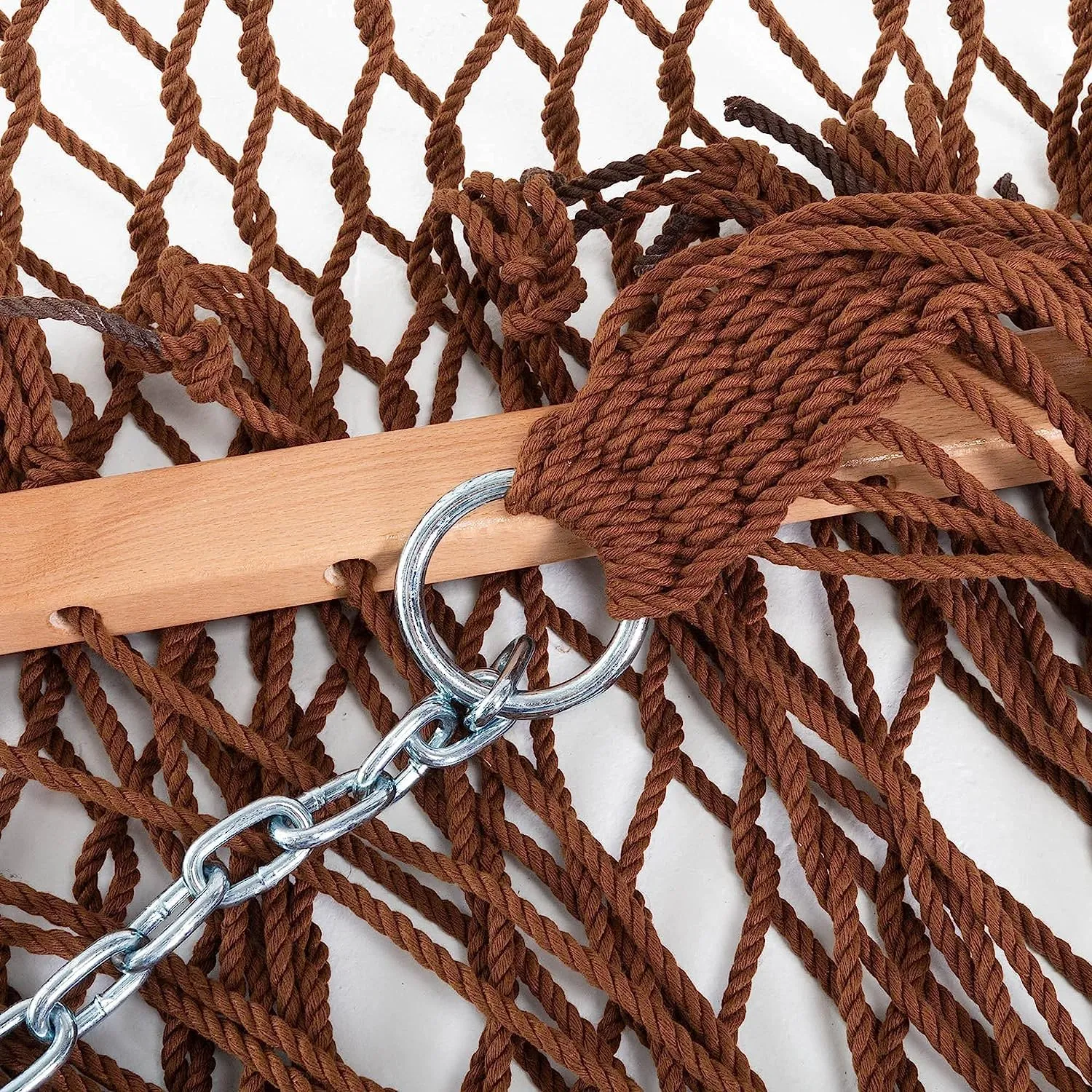 Castaway Living 13 ft. Double Traditional Hand Woven Antique Brown Polyester Rope Hammock with Free Extension Chains, and Tree Hooks, for 2 People with a Weight Capacity of 450 lbs.