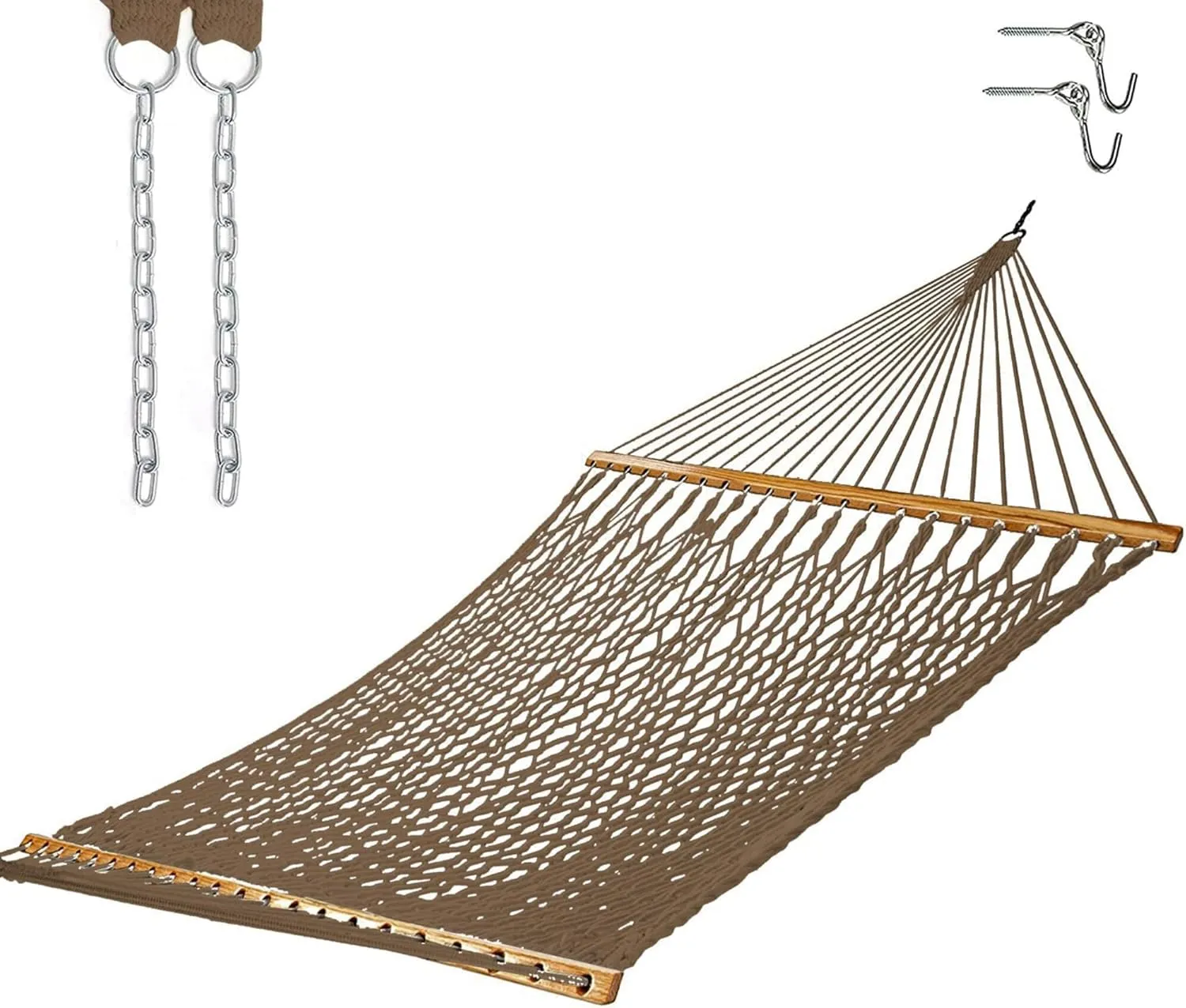 Castaway Living 13 ft. Double Traditional Hand Woven Antique Brown Polyester Rope Hammock with Free Extension Chains, and Tree Hooks, for 2 People with a Weight Capacity of 450 lbs.