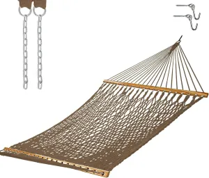 Castaway Living 13 ft. Double Traditional Hand Woven Antique Brown Polyester Rope Hammock with Free Extension Chains, and Tree Hooks, for 2 People with a Weight Capacity of 450 lbs.