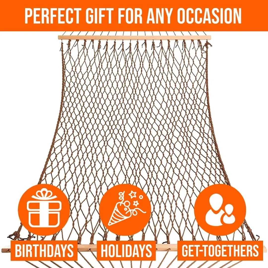 Castaway Living 13 ft. Double Traditional Hand Woven Antique Brown Polyester Rope Hammock with Free Extension Chains, and Tree Hooks, for 2 People with a Weight Capacity of 450 lbs.