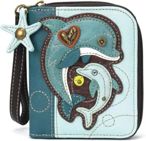 CHALA Handbags- Zip Around Wallet, Wristlet, 8 Credit Card Slots Sturdy Coin Purse for women (Dolphin)