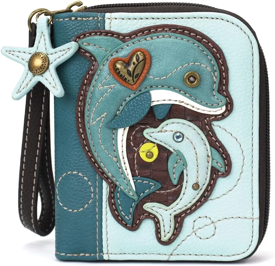CHALA Handbags- Zip Around Wallet, Wristlet, 8 Credit Card Slots Sturdy Coin Purse for women (Dolphin)