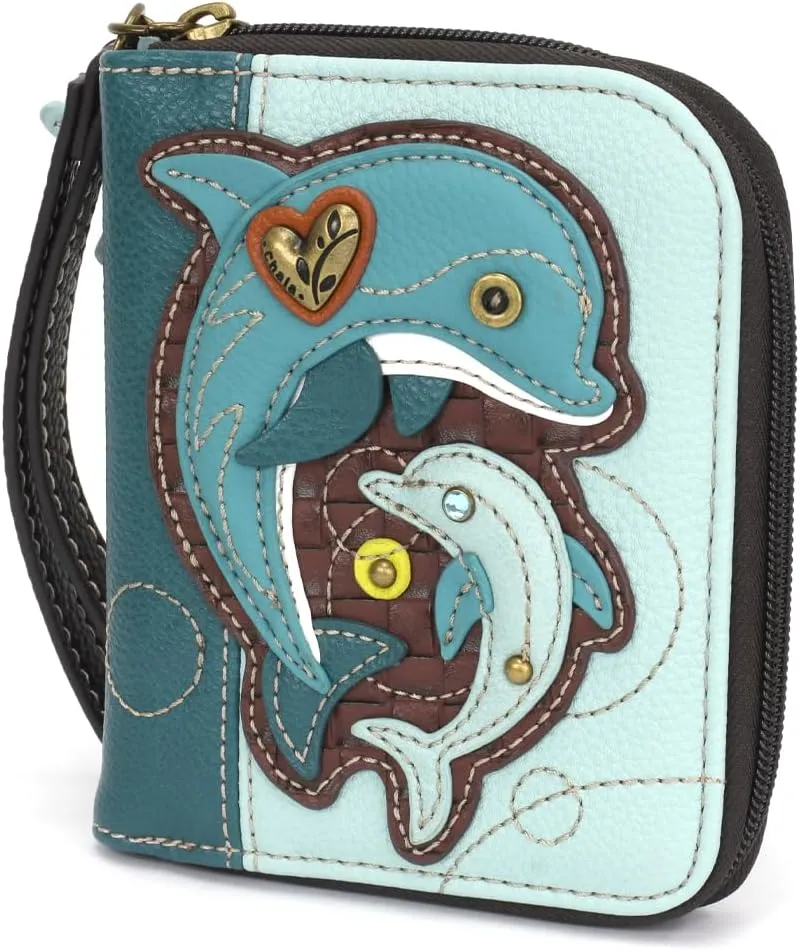 CHALA Handbags- Zip Around Wallet, Wristlet, 8 Credit Card Slots Sturdy Coin Purse for women (Dolphin)
