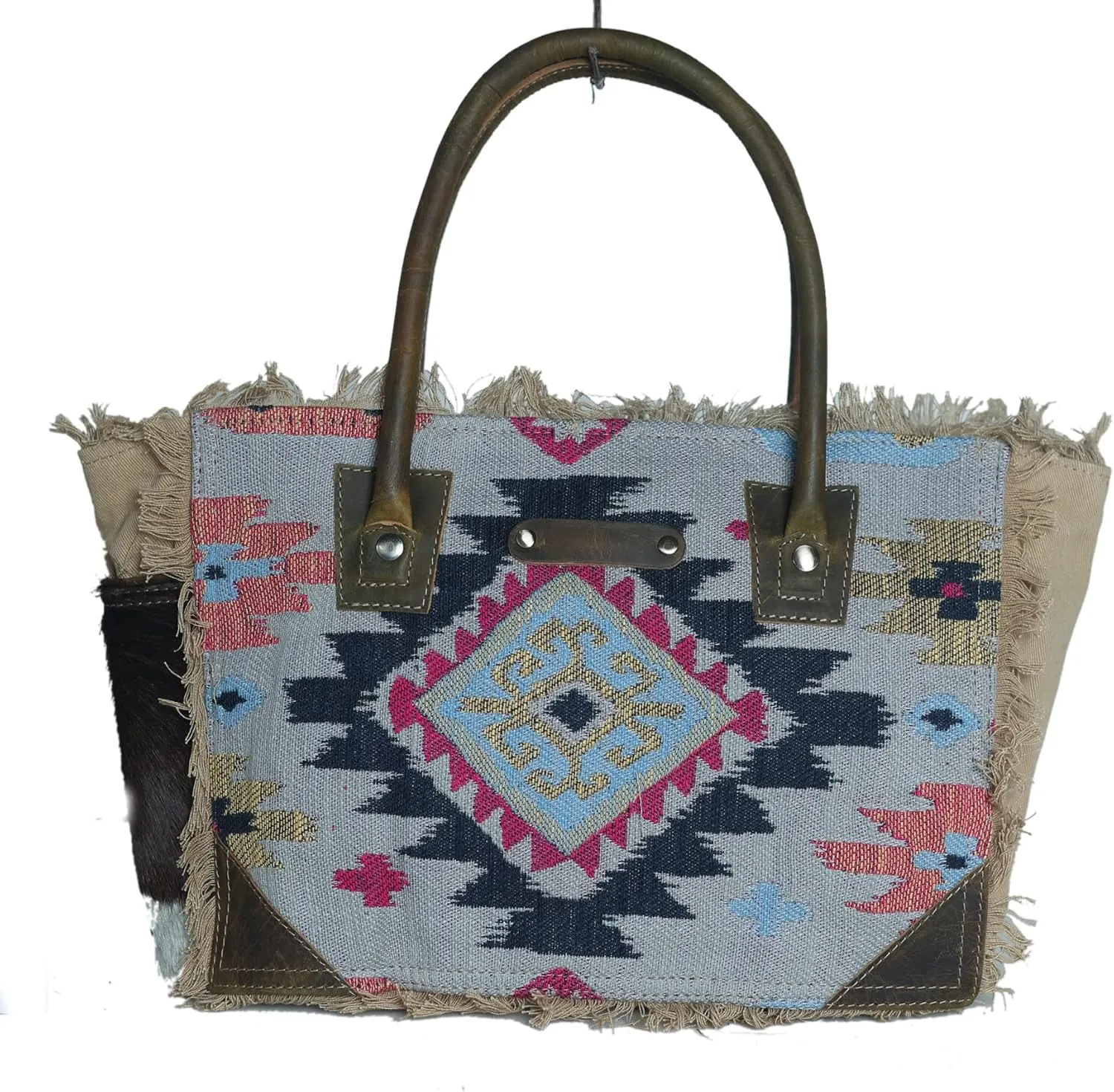 CHALLENGER Women Canvas Handwoven Brown Leather Handbag Tote Purse 17RT2112