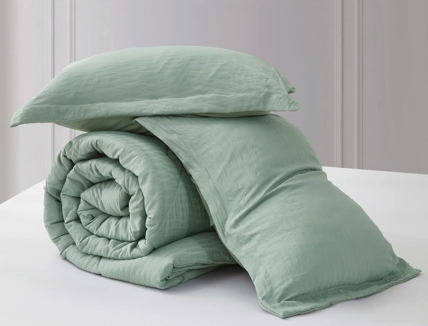 Chezmoi Collection Hugo 3-Piece Textured Thin Comforter Set - Lightweight Woven Design - Soft Microfiber Bedding for All Season, Queen, Sage Green