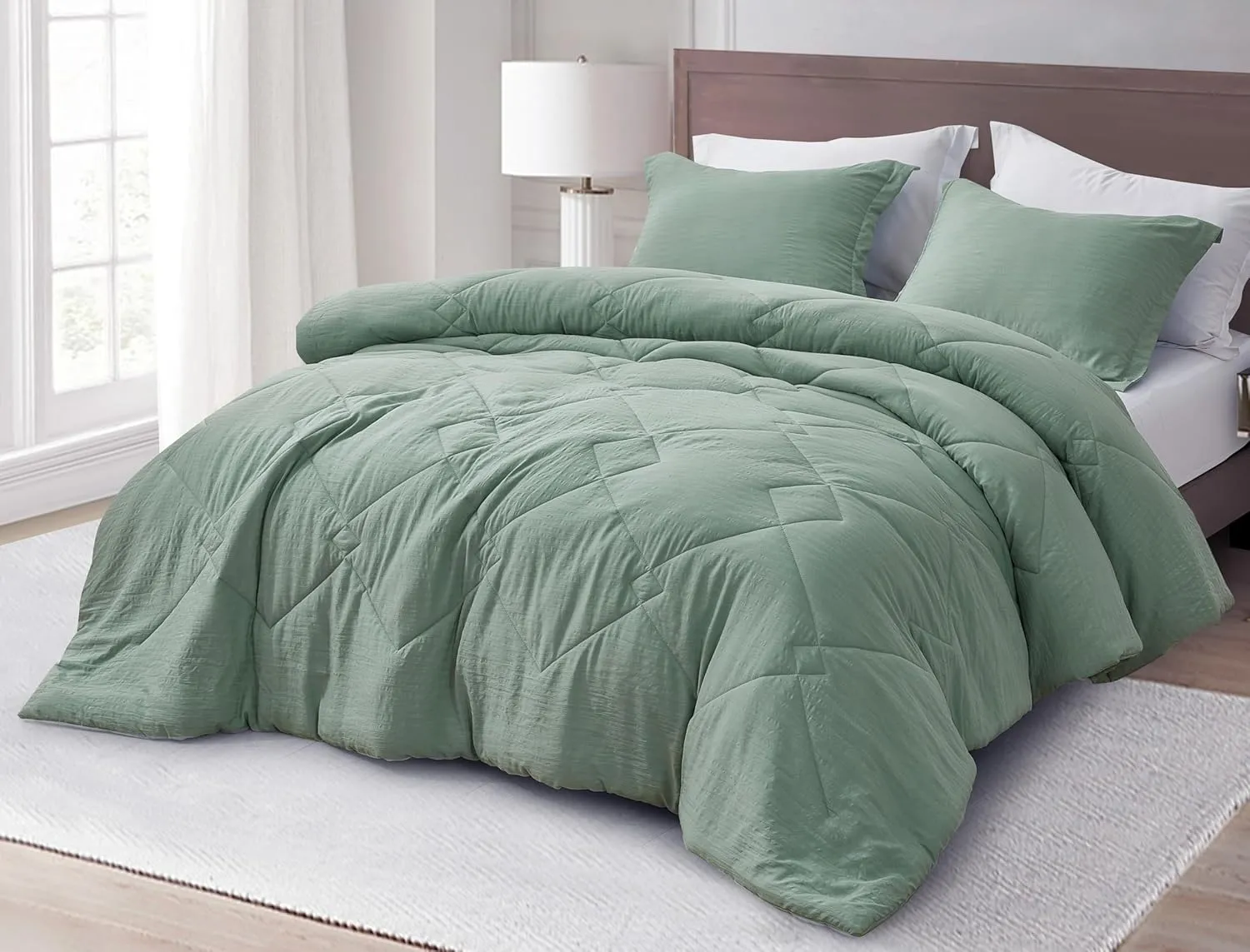 Chezmoi Collection Hugo 3-Piece Textured Thin Comforter Set - Lightweight Woven Design - Soft Microfiber Bedding for All Season, Queen, Sage Green