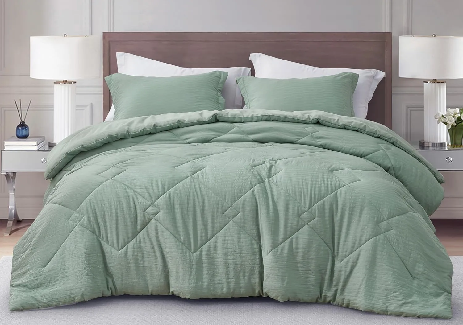 Chezmoi Collection Hugo 3-Piece Textured Thin Comforter Set - Lightweight Woven Design - Soft Microfiber Bedding for All Season, Queen, Sage Green
